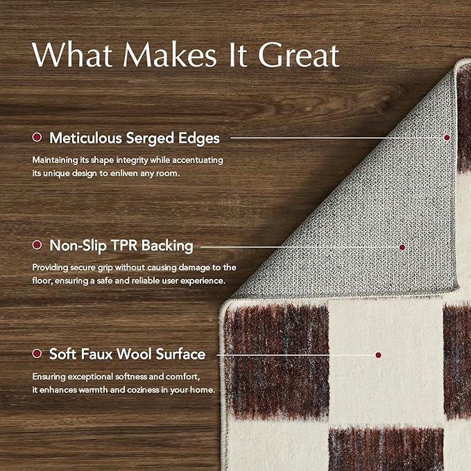 EVERGRACE Checkered Plaid Area Rug 4x6, Soft Fuzzy Faux Wool Rugs Washable Anti Slip Rugs Large Rug Carpet for Entryway Bedroom Living Room Hallway Kitchen Dining Room and Laundry Room, Dark Brown
