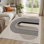 Modern Washable Rug for Living Room 7x10, Boho Abstract Striped Area Rugs, Soft Non Slip Low Pile Farmhouse Carpet for Bedroom Dining Room Kitchen, Stain Resistant, Pet Friendly, Beige Black