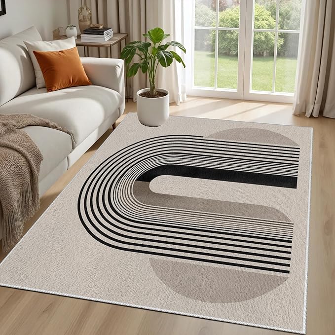 Modern Washable Rug for Living Room 4x6, Boho Abstract Striped Area Rugs, Soft Non Slip Low Pile Farmhouse Carpet for Bedroom Dining Room Kitchen, Stain Resistant, Pet Friendly, Beige Black