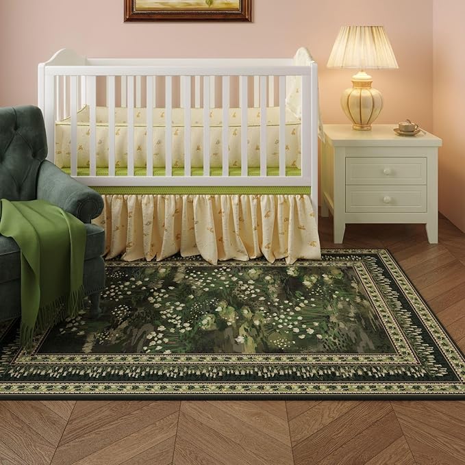 Rugcomf 3x5 Washable Rug Impressionist-Style Vintage Non Slip Low Pile Small Carpet for Bedroom Bedside Kitchen Entryway Kids Room Office College Dorm Essentials for Girls, Green