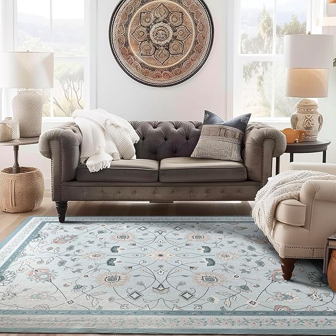 EVERGRACE Area Rugs for Living Room 8x10, Boho Floral Faux Wool Indoor Outdoor Rugs, Washable Rugs for Bedroom Dining Room Entryway Kitchen, Low Pile Floor Mat Carpet for Home Decor, Pale Blue