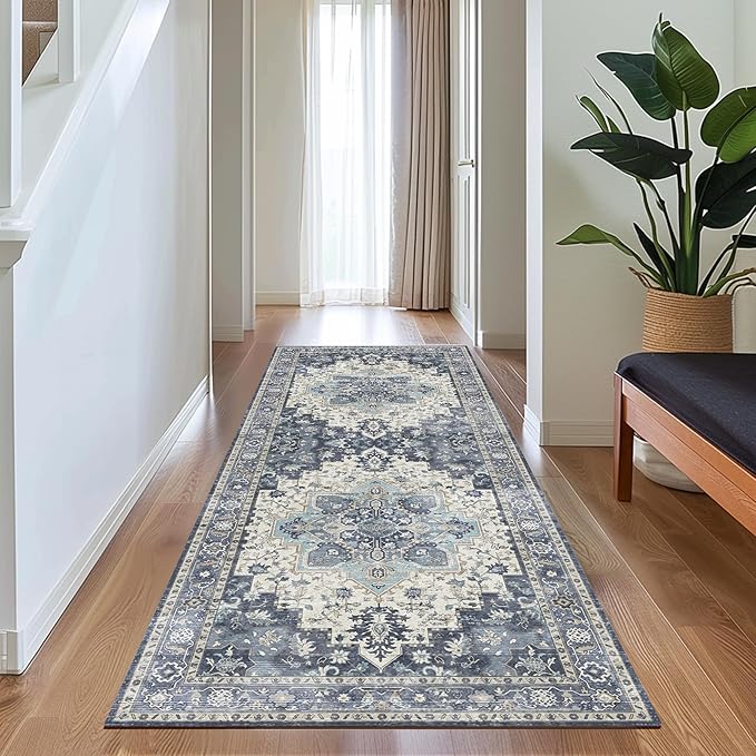 GENIMO 2x5 Runner Rugs for Hallway, Machine Washable Non Slip Vintage Rugs, Low Pile Lightweight Soft Print Rug for enrtyway, Corridor, Home Office, Kitchen, Center Blue