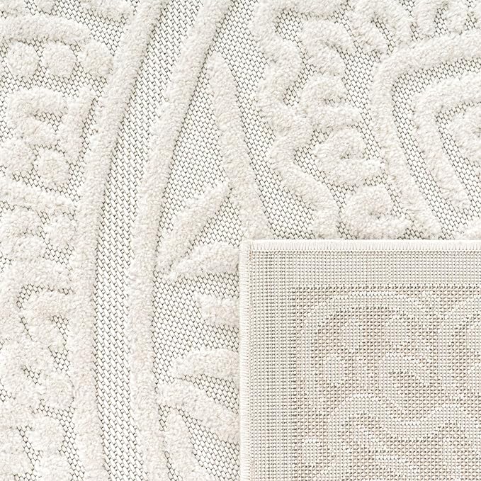 Paco Home Modern in- and Outdoor Rug with Carved Oriental Mandala Pattern in Cream, Size: 7'10" x 11'2"