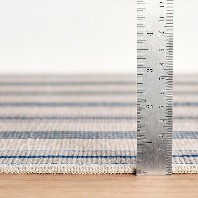 Dash & Albert Nimes Ticking Neutral Machine Washable Rug, 8.5 X 11.5 Feet, Blue Stripe Pattern