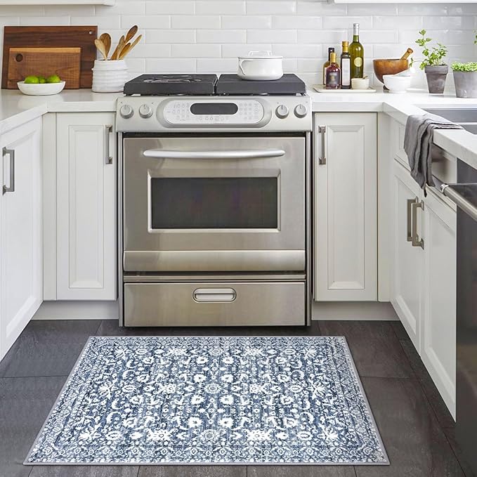 Vintage Entryway Rug 2x3 Washable, Light Blue White Kitchen Rug, Super Soft Thin Faux Wool Small Area Rug, Non-Slip Accent Mat for Foyer, Bedroom, Office