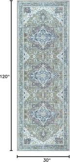 Bloom Rugs Washable Non-Slip 10 ft Runner - Green/Blue Traditional Medallion Runner for Entryway, Hallway, Bathroom, and Kitchen - Exact Size: 2.5' x 10'