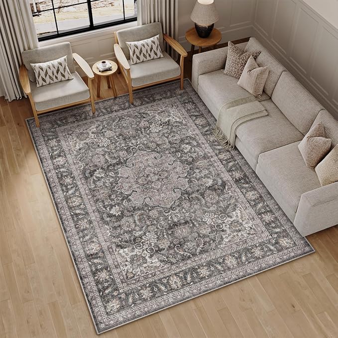 6x9 Washable Vintage Area Rug Black Grey Living Room Bedroom Carpet Non-Slip Soft Low Pile Distressed Indoor Throw Rug for Dining Room Entryway Office