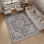 8x10 Washable Vintage Area Rug Black Grey Living Room Bedroom Carpet Non-Slip Soft Low Pile Distressed Indoor Large Throw Rug for Dining Room Office