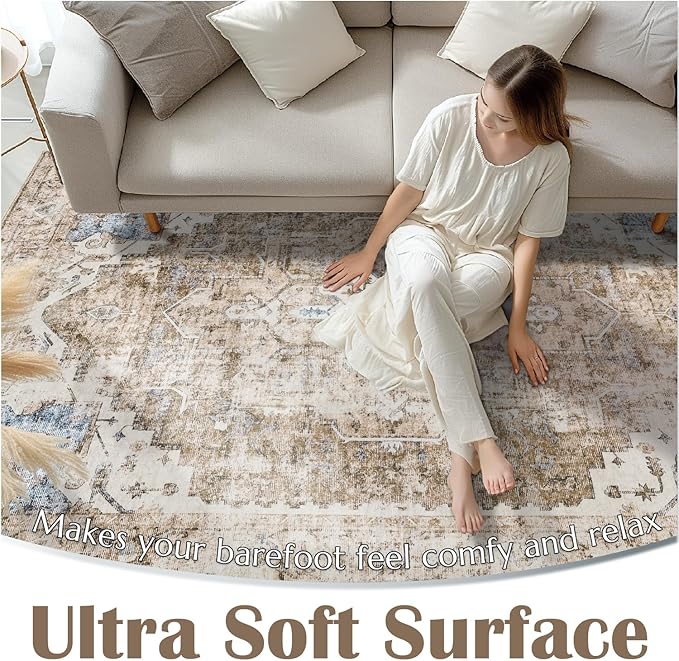 jinchan Kelda Area Rug 8x10 Washable Living Room Rug Vintage Soft Indoor Large Floor Cover Retro Distressed Mat Accent Lightweight Non-Slip Thin Carpet for Kitchen Bathroom Bedroom Brick Red