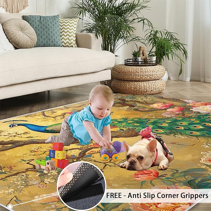 Peacock Peony Rugs for Bedroom - 6x8 Rug, Classic Peacock Peony Area Rugs for Living Room, Oriental Carpet, Floral Plant Washable Area Mat, Aesthetics Carpet - Peafowl Home Decor & Gifts