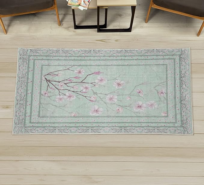 Ambesonne Apple Blossom Decorative Rug, Flowers and Blooming Spring Season Branches Nature Garden Romance, Quality Carpet for Bedroom Dorm and Living Room, 2' 2" x 3' 7", Mint Green and Pink