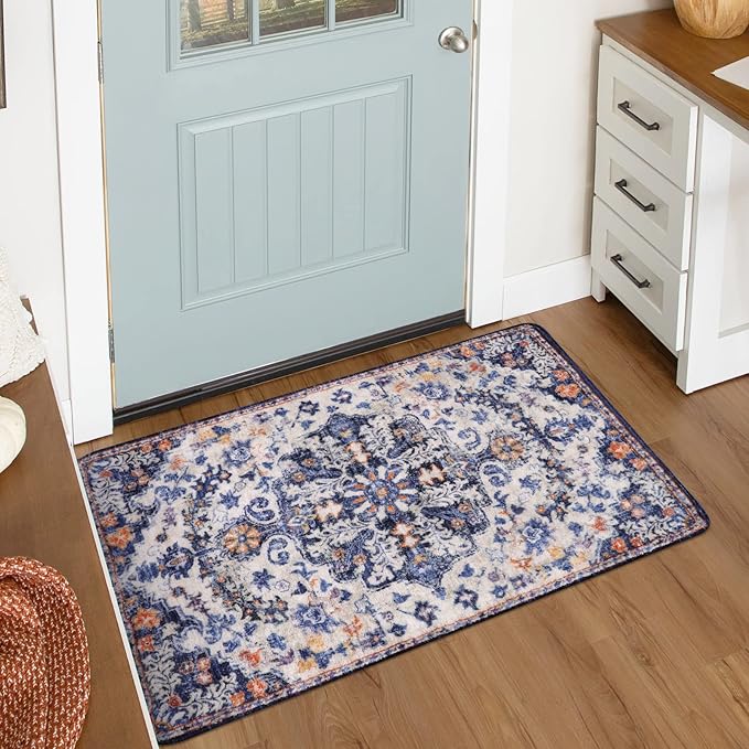 Lahome Bohemian Floral Medallion Area Rug - 2x3 Blue Small Kitchen Rug Machine Washable Front Door Rug, Soft Non Slip Indoor Floor Throw Carept for Bedroom Bathroom Mud Room Entry Way