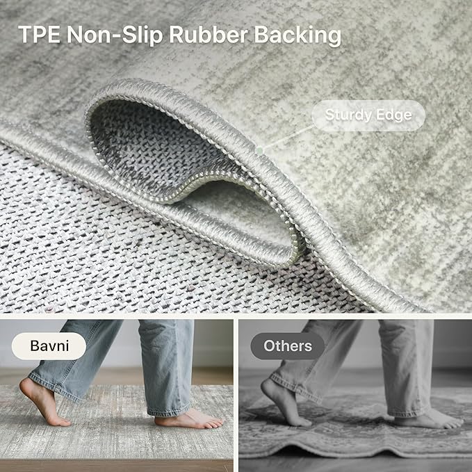 Bavni Washable Rug, Soft Abstract Rugs Non-Slip, Thin Foldable 6x9 Rug, Modern Stain Resistant Area Rug for Living Room, Kitchen, Bedroom, White/Grey