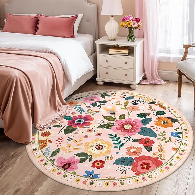 Floral 4ft Area Rug Machine Washable Soft Print Boho Carpet Non Slip Doormat Low Pile Flower Area Rugs for Living Room Bedroom Nursery Kitchen Dining Room Indoor-Pink