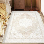 Area Rug 4x6 Entryway Rugs - Machine Washable Vintage Boho Area Rug Non-Slip Bedroom Rugs Soft Stain Resistant Living Room Carpet, Oriental Distressed Rug for Dining Room Nursery(Boho Beige, 4'x6')