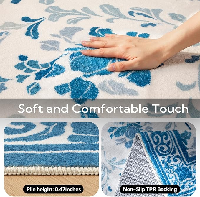 SOULFUL Medium Pile 8x10 Rugs for Living Room - Soft Underfoot Large Area Rug - Blue Boho Floral - Washable Non-Slip - Perfect for Bedroom Kids Room Under Dining Table Office