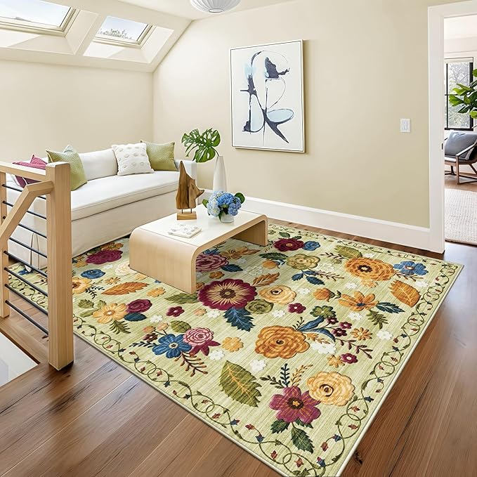 5x8 Machine Washable Area Rug for Living Room, Green Vintage Boho Floral Rug Large Non-Slip Low Pile Soft Faux Wool Carpet, Kids and Pets Friendly for Bedroom Dining Room Farmhouse Home Decor Rug