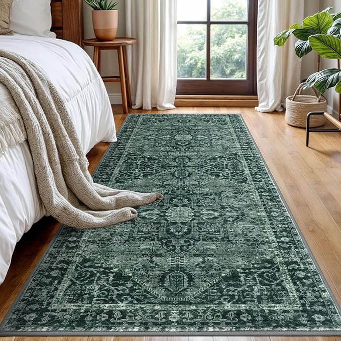 KOZYFLY Boho Runner Rug 3x8 Ft Washable Hallway Rug Faux Wool Printed Long Floor Carpet for Entryway Bedroom Kitchen Living Room Indoor Soft Durable Design, Dark Green