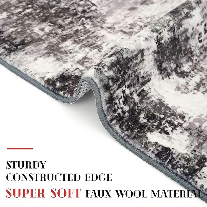 Modern Abstract Runner Rug 2x6, Black Grey Washable Kitchen Runner Non-Slip Soft Hallway Rug Runner Thin Print Faux Wool Carpet for Entryway Bedroom Laundry Room Indoor Home Decor