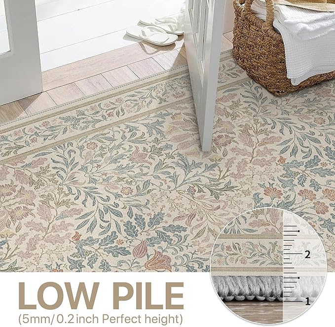 Bavni Floral Beige Pink Area Rugs 6x9, Vintage Boho Carpet Machine Washable, Non Slip Soft Low Pile Thin Rug for Bedroom, Living Room, Dining Room, Nursery