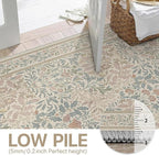 Bavni Floral Beige Pink Area Rugs 6x9, Vintage Boho Carpet Machine Washable, Non Slip Soft Low Pile Thin Rug for Bedroom, Living Room, Dining Room, Nursery