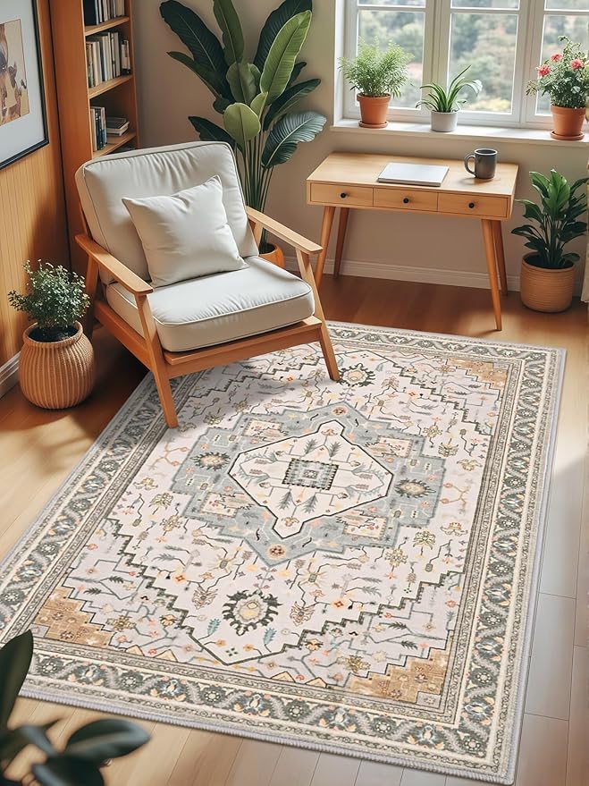 3x5 Grey Beige Area Rug for Living Room, Machine Washable Rugs with Non-Slip Backing for Bedroom, Vintage Medallion Carpet Kitchen Laundry Kids Room Decor