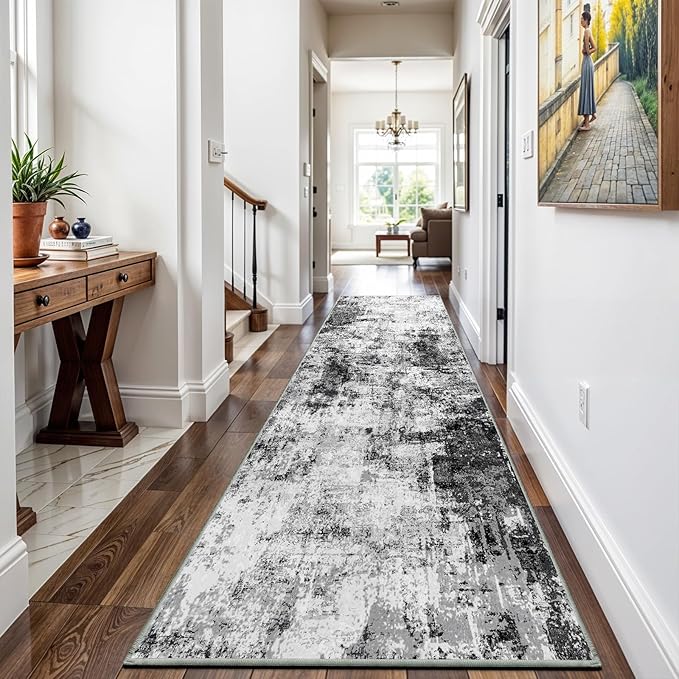 3x16 Washable Runner Rug for Hallway: Extra Long Runners for Entryway Living Room Dining Room - Stain and Water Resistant Rugs with Non-Slip Backing - Soft Low-Pile Carpet Black Grey