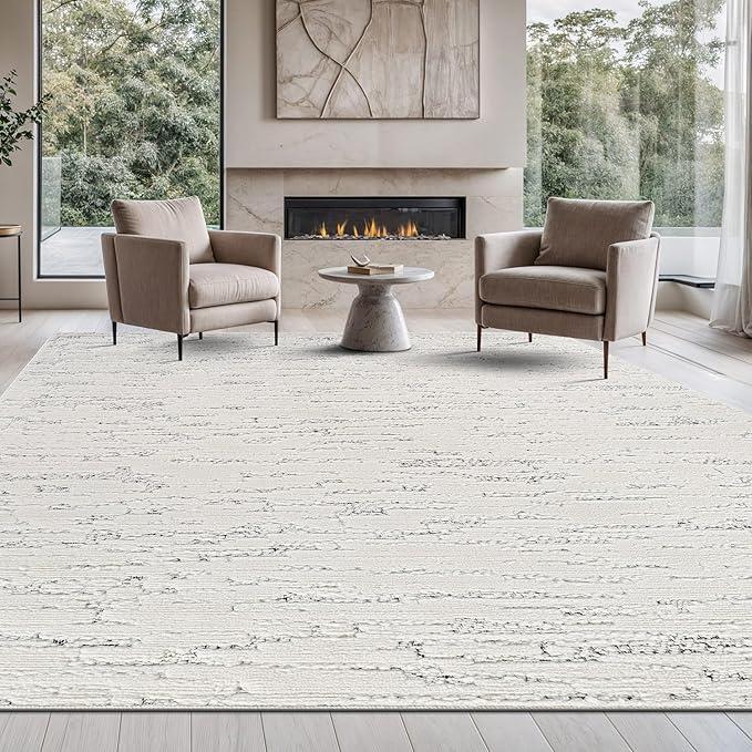 Beverly Rug Micro Loop Area Rug White/Gray 6x9 Abstract Modern Luxury Brushstroke Durable Soft Indoor Rugs for Living Dining Room Office Stain Resistant Non Shedding Casual Indoor Carpet 6 x 9