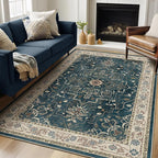 Distressed Vintage 5x7 Area Rugs for Living Room Bedroom Non Slip Washable, Medallion Pattern Printed Low Pile Farmhouse Carpet Rugs for Dining Room/Kitchen/Home Office, Deep Blue/Multi