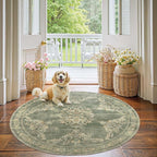 jinchan Round Rug 5ft Area Rugs Vintage Floral Distressed Design,Machine Washable Soft Non-Slip Low-Pile Ultra-Thin Circle Rug for Entryway Living Room Dining Room Bedroom (5' Round,Dark Green)