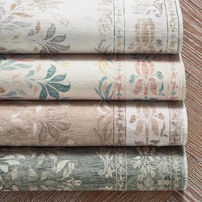 jinchan Hallway Runner Rug 2x8 Vintage Floral Distressed Design - Machine Washable Non-Slip Low-Pile Soft Thin Faux Wool Kitchen Carpet for Farmhouse Bedroom Laundry Room(2x8ft, Light Grey)
