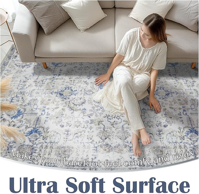 jinchan Kalen Area Rug 5x7 Washable Living Room Rug Soft Vintage Indoor Thin Retro Distressed Floor Cover Blue Floral Country Boho Rug Non Slip Carpet for Bedroom Office Dining Room