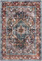 KOZYFLY Boho Area Rug 9x12 Ft Thin Rugs for Living Room Washable Bedroom Rug Non Slip Rugs Printed Faux Wool Vintage Bedroom Rug Floor Carpet for Dining Room Living Room, Brick Red/Orange/Green