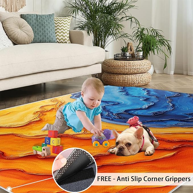 Navy Blue Rugs for Bedroom - 6x8 Area Rug - Abstract Blue Orange Rugs for Living Room, Modern Simple Art Rug, Washable Home Decor Carpet