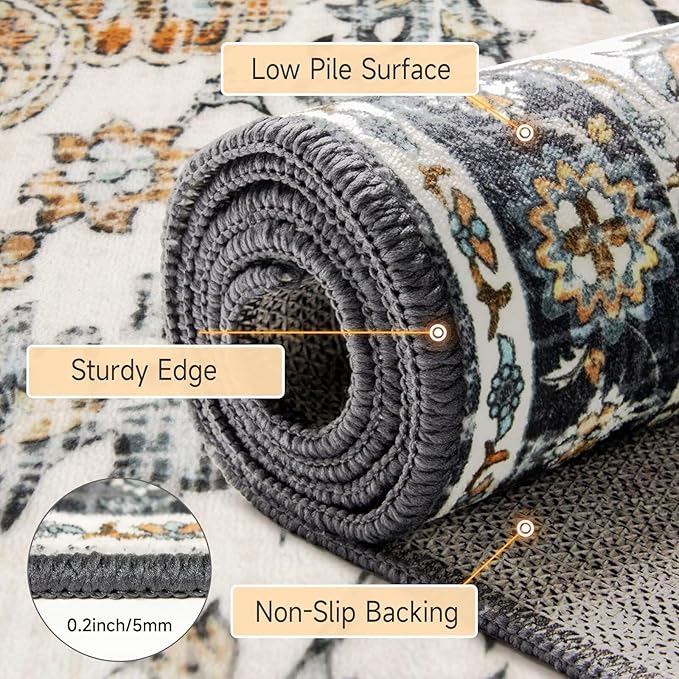 Boho Mandala Pattern 2x8ft Runner Rug Non Slip Washable Kitchen Runner Rug with Rubber Backing，Low-Pile Soft Washable Runner Rugs for Hallway Entryway Kitchen Bedroom Living Room Bathroom