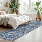 KOZYFLY Long Runners for Hallways 2x10 Ft Washable Kitchen Runner Rug Boho Runner Rug for Entryway Indoor Blue Printed Oriental Faux Wool Stair Runner Floor Carpet Runner for Stair Kitchen Hall