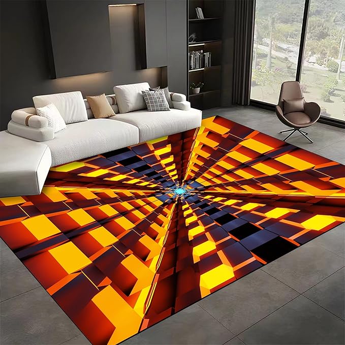 3D Abstract Grid Area Rug, 5x7ft, Visual Illusion Realistic Cave Indoor Carpets, Orange Three Dimensional Pattern Floor Mat, Easy Clean Breathable Washable Rugs for Indoor Family