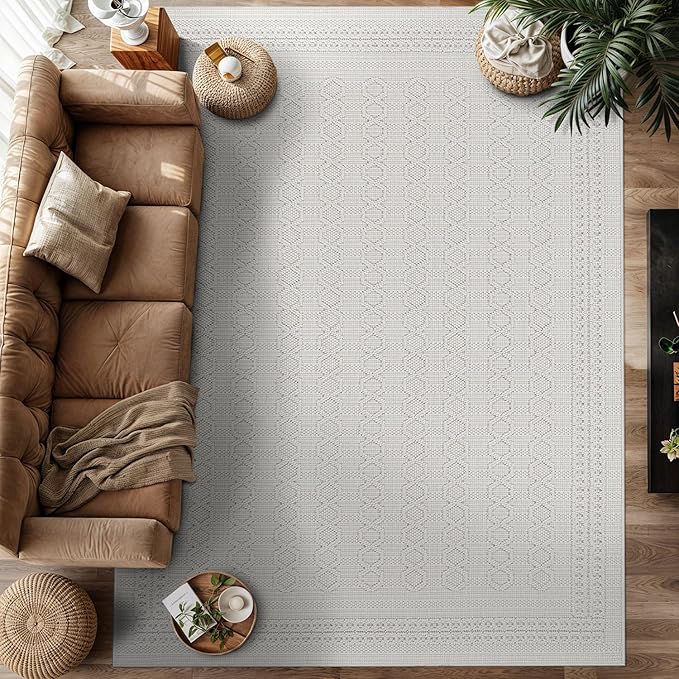 Micro Loop Indoor Rug White 9x12 Boho Geometric Neutral Area Rugs for Living Room Soft Luxury Modern Low and High Pile Durable Stain Resistant Non-Shedding Indoor Area Carpet 9 x 12