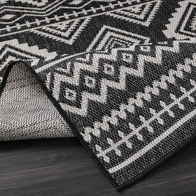 Beverly Rug Waikiki Boho Indoor Outdoor Rug 10x14, Washable Outside Carpet for Patio, Deck, Porch, Bohemian Area Rug, Farmhouse Rugs, Aztec Tribal Rug, Black and White