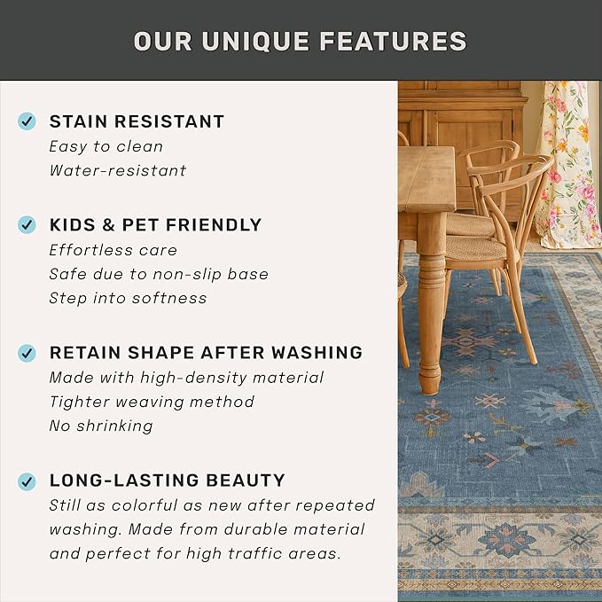 Blue Boho 2'6''x8' Wide Hallway Runner Rug - Washable Kitchen Sink Rug, Non Slip 8ft Long Runner Rug for Entryway, Colorful Modern Floral Print Home Décor