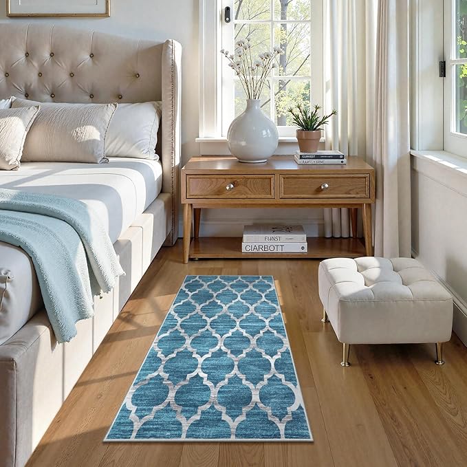 Lahome Moroccan Blue Kitchen Rugs - 2x4 Runner Rug Washable Small Rug Non-Slip Accent Distressed Throw Rugs Floor Carpet for Hallway Entryway Bedroom Laundry Room (2’ X 4’, Blue)