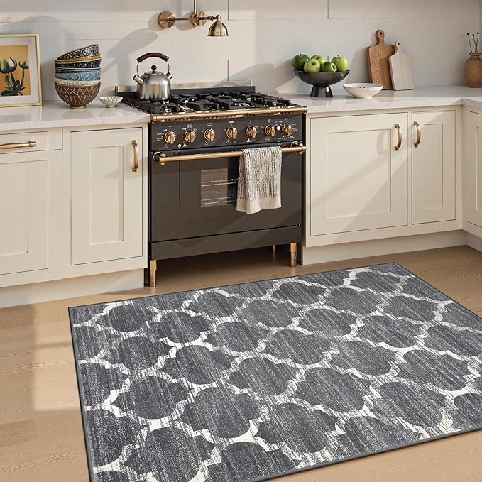 Lahome Moroccan Washable Rugs 3x5 Entryway Rug- Small Rugs for Bedroom Throw Non-Slip Low-Plie Kitchen Rug Soft Grey Distressed Capet for Office Bathroom Living Room Dining Room
