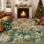Washable Area Rugs 5'x8' Non-Slip Modern Abstract Soft for Living Room Entryway Bedroom Nursery, Print Pattern, Green Orange Rust Red Cream Colorful