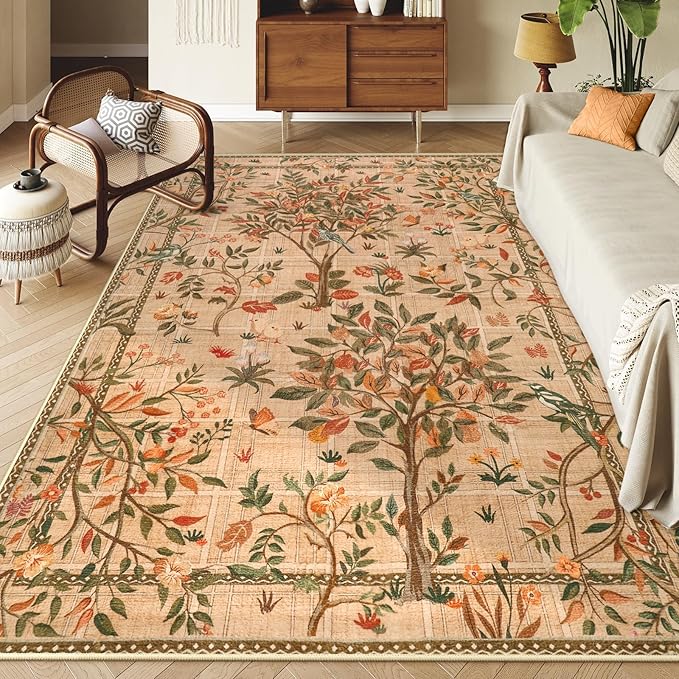 Morebes Washable Area Rugs 8x10, Boho Floral Living Room Carpet Non Slip, Soft Low-Pile Flower Birds Indoor Floor Throw Rug for Dining Room Home Office Playroom Foyer, Brown