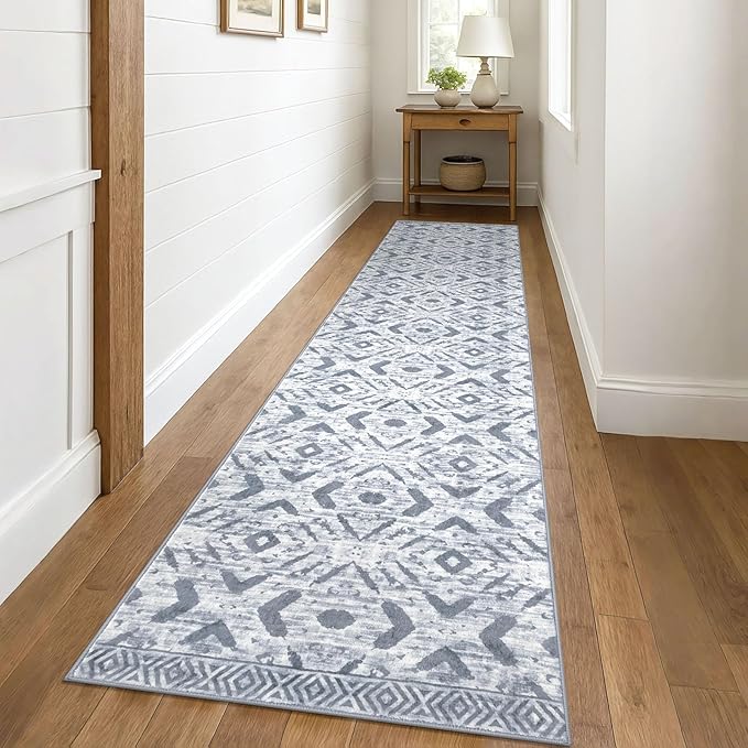 KILOCOCO Hallway Runner Rug 3'x10' Washable Printed Moroccan Runner Rug Non Slip Entryway Runners Soft Indoor Long Floor Rugs for Bedroom Kitchen Living Room Geometric Boho Carpet Runners, Grey White