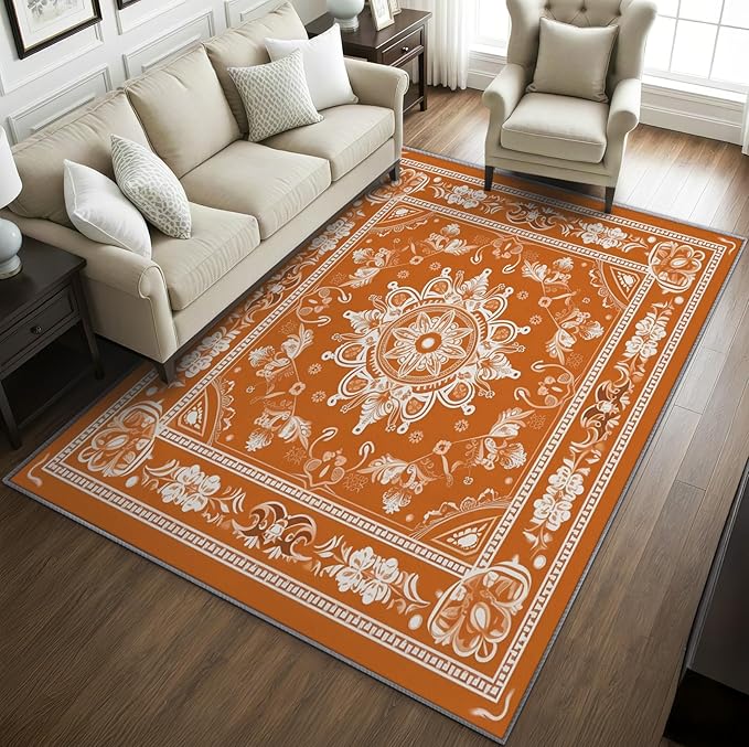 Mandala Rugs for Living Room -Vintage Floral Rug, 5x8 ft, Orange Mandala Area Rug, Boho Medallion Washable Non-Slip Stain Resistant, Meditation Boho Ethnic Home Decor & Gifts