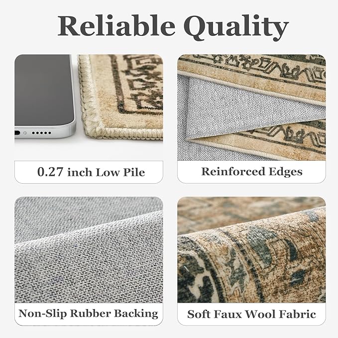 Moody 6x9 Area Rugs for Living Room, Low Pile Thin Washable Non Slip Rugs for Bedroom Dining Room, Vintage Medallion Distressed Carpet for Home Office Guest Room, Multi Brown/Slate Green