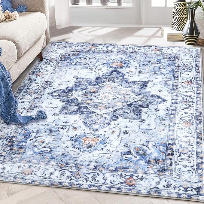 COMSLE 4x6 Rugs for Living Room Washable Area Rugs for Bedroom Faux Wool Distressed Throw Rugs Absorbent Non-Slip Floor Carpet for Indoor Kitchen Laundry Room Blue