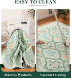 YIHOUSE Green Floral Print Rugs, Moroccan Trellis 10x14 Washable Large Rug, Modern Pastel Non Slip Ultra-Thin Area Rug for Classroom, Nursery Playroom,Dorm,Bedroom,Living Room, Green Multi