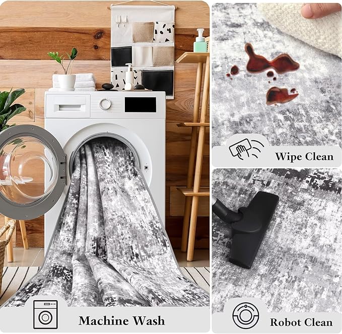Washable Abstract Runner Rug, 2x6 Modern Area Rugs with Non-Slip Rubber Backed for Kitchen, Thin but Soft Contemporary Carpet Bedroom Entryway Hallway Decor, Dark Grey
